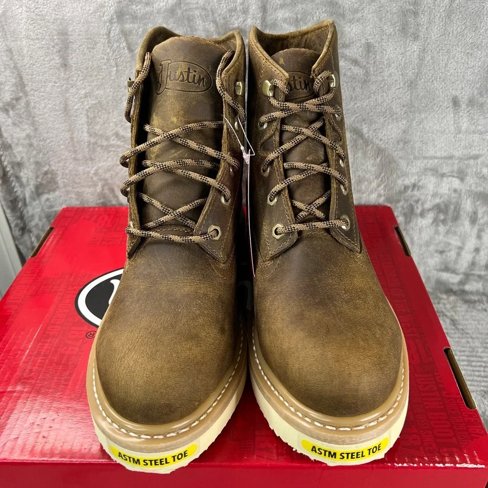 Justin‎ Steel Toe Work Boots Mens 9.5D Brown Leather Lace Up Wedge Sole Safety